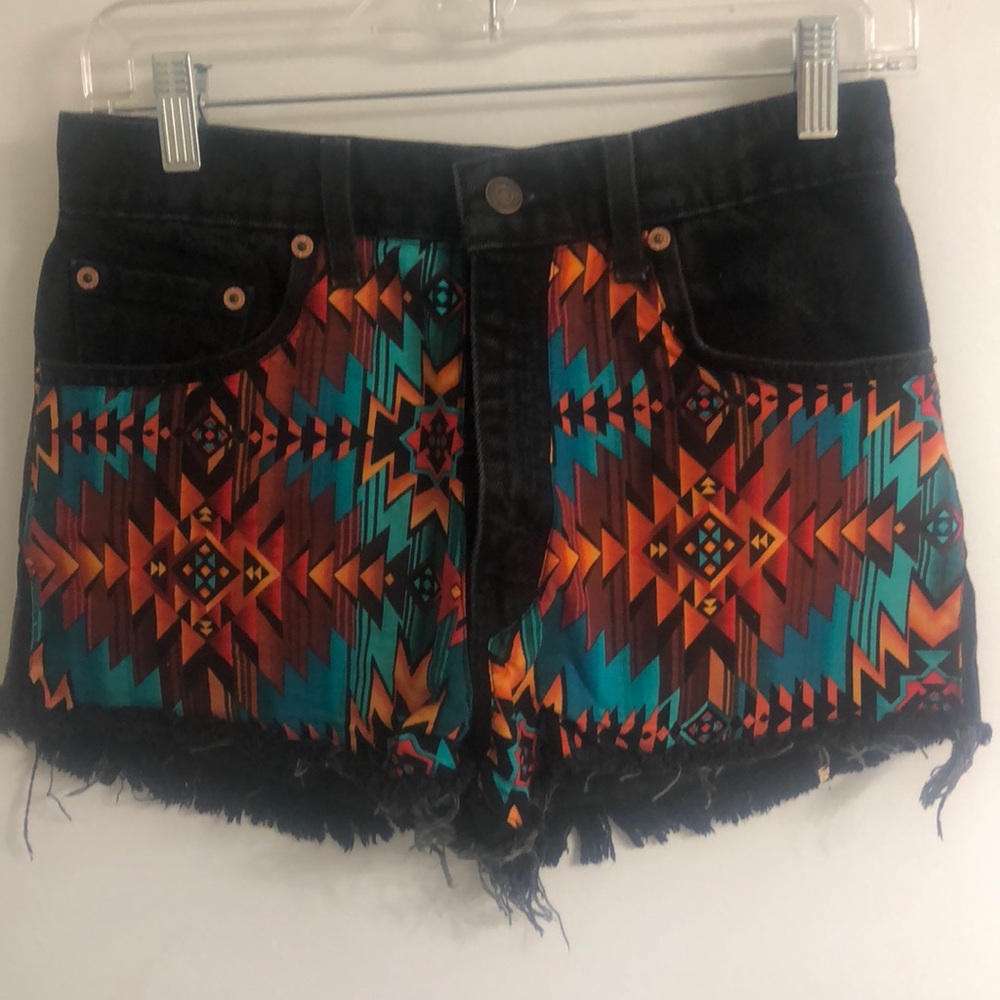 High Waisted Black Aztec Denim Shorts